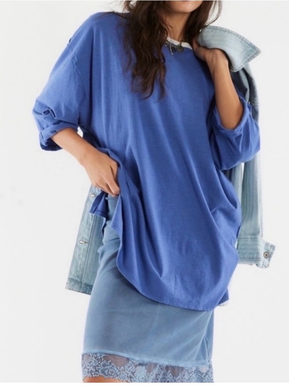 Free People Care FP Slow Down Tee. NWT. Steel blue combo